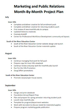Marketing and Public Relations Month By Month Project Plan