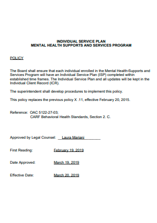 Mental Health Support Individual Service Plan