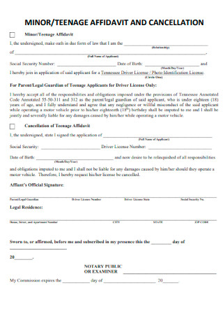 Minor Teenage Affidavit and Cancellation Form