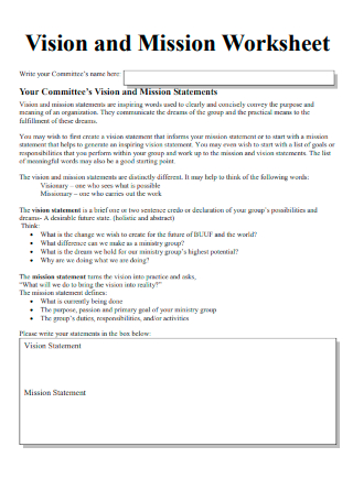 Mission and Vision Statement Worksheet