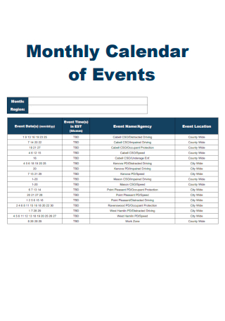 Monthly Calendar of Events