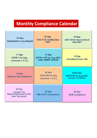Monthly Compliance Calendar
