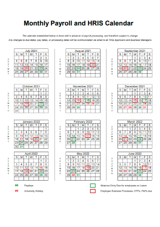 Monthly Payroll and HRIS Calendar