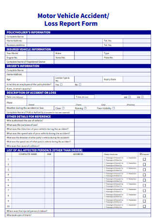 Motor Vehicle Accident Loss Report Form
