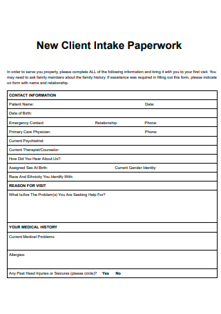 New Client Intake Paperwork
