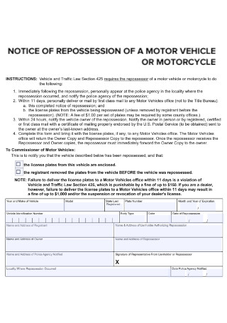 Notice Of Repossession Of A Motor Vehicle Or Motorcycle