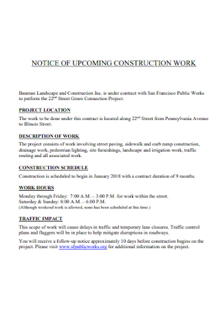Notice for Upcoming Construction Work