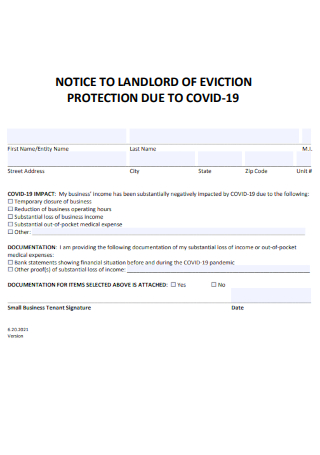 Notice to Landlord of Eviction Protection Due to Covid 19