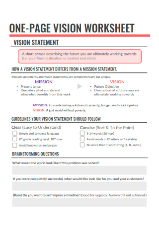 One Page Vision Statement Worksheet