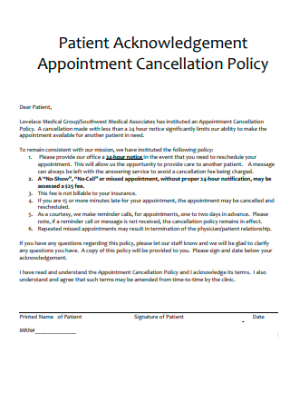 Patient Acknowledgement Appointment Cancellation Policy