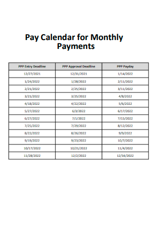Pay Calendar for Monthly Payments