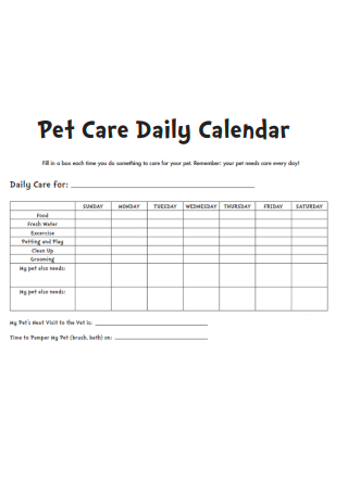 Pet Care Daily Calendar