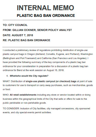 Plastic Bag Ban Ordinance Internal Memo