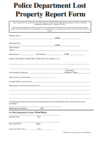 Police Department Lost Property Report Form