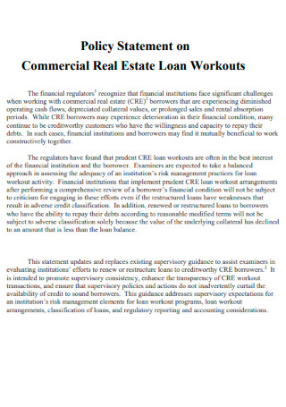 Policy Statement on Commercial Real Estate Loan Workouts