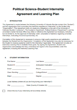 Political Science Student Internship Agreement and Learning Plans