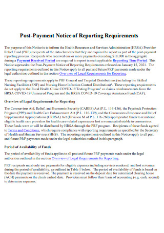 Post Payment Notice of Reporting Requirements