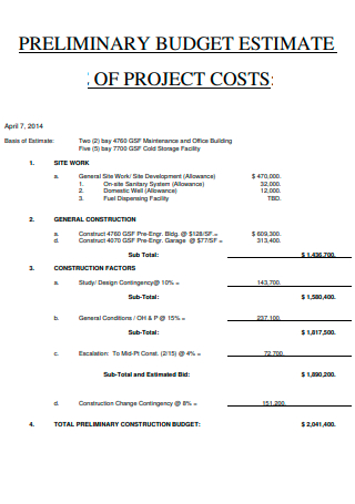 Preliminary Budget Estimate of Project Costs