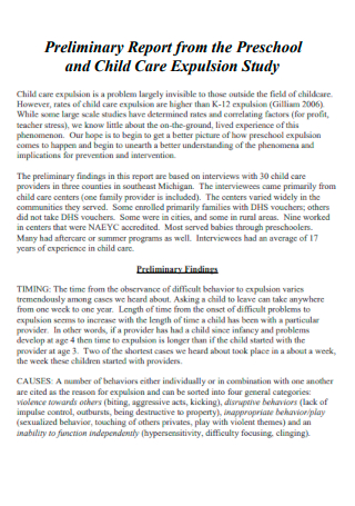 Preliminary Report from the Preschool and Child Care Expulsion