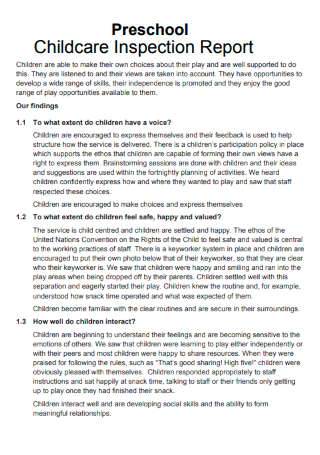 Preschool Childcare Inspection Report