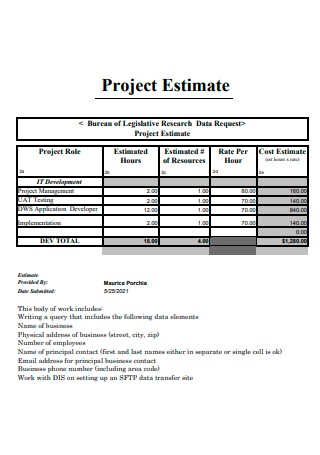 Printable Project Estimate