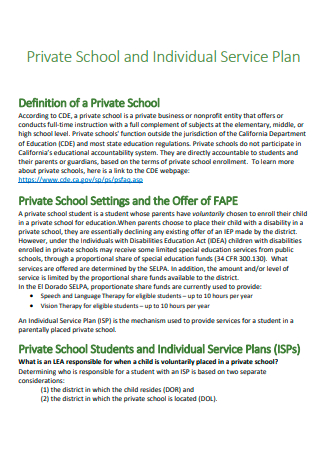 Private School and Individual Service Plan