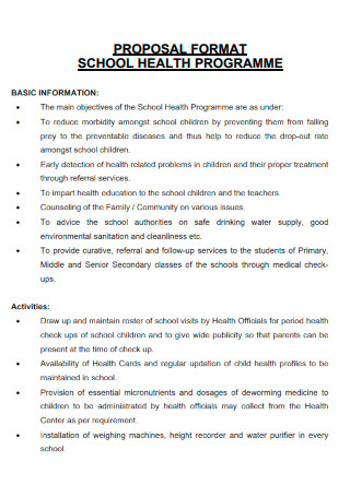 Proposal Format for School Health Programme