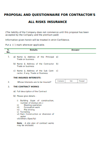 Proposal and Questionnaire for contractors All Risk Insurance