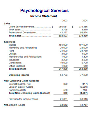 Psychological Services Income Statement