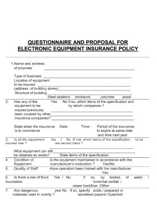 Questionnaire and Proposal for Electronic Equipment Insurance Policy
