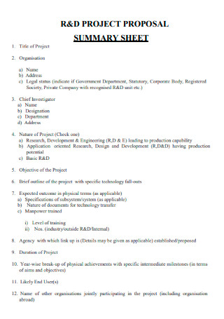 RD Project Proposal Summary Sheet