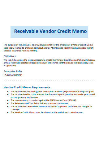 Receivable Vendor Credit Memo