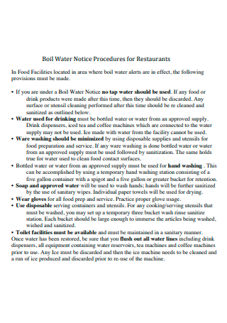 Restaurant Boil Water Notice