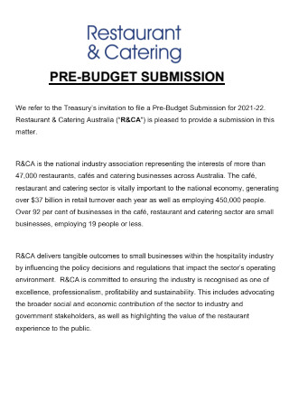 Restaurant Catering Pre Budget Submission
