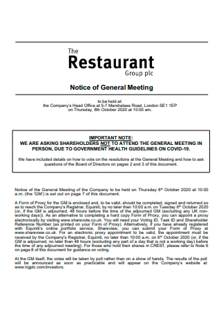 Restaurant Group Notice of General Meeting