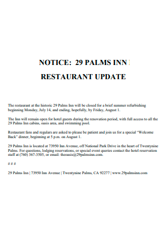 Restaurant Update Notice