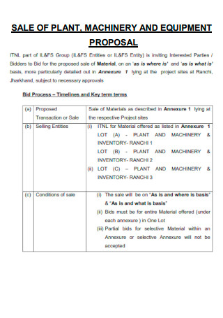 Sale of Palnt Machinery Equipment Proposal