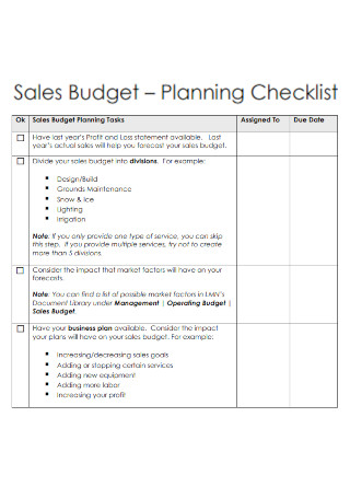 Sales Budget Planning Checklists