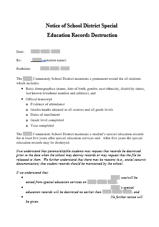 School District Special Education Notice