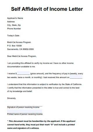 Self Affidavit of Income Letter
