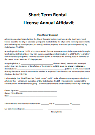Short Term Rental License Annual Affidavit