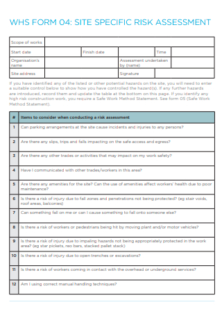 Site Specific Risk Assessment Form
