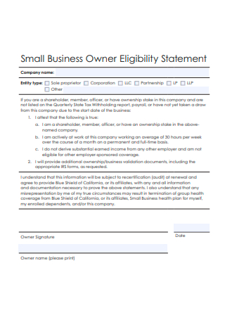Small Business Owner Eligibility Statement