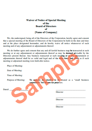 Special Meeting Waiver of Notice