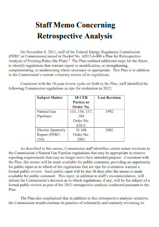 Staff Memo Concerning Retrospective Analysis