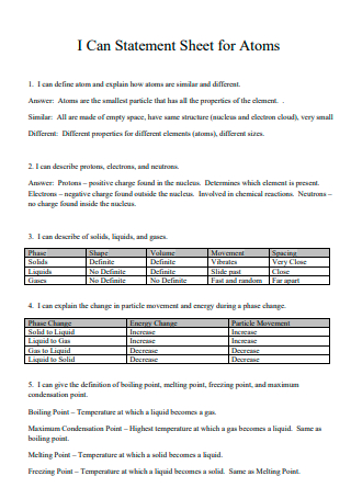 Statement Sheet For Atoms