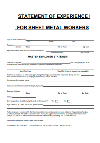 Statement of Experience For Sheet Metal Workers