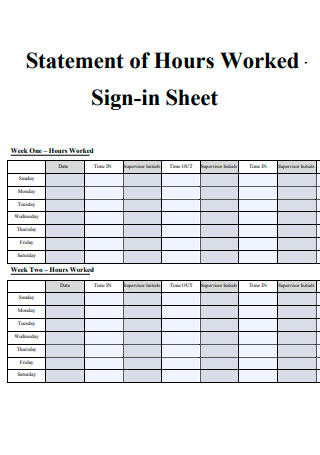 Statement of Hours Worked Sign in Sheet