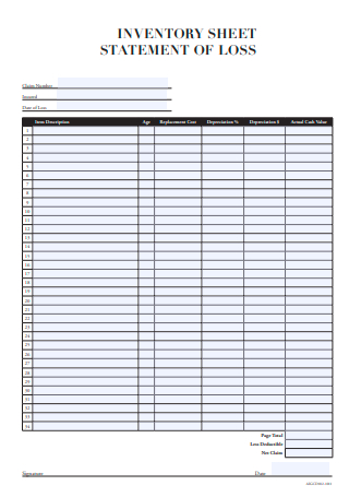 Statement of Loss Inventory Sheet