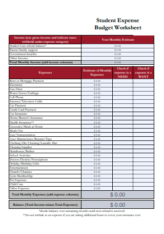 Student Expense Budget Worksheet
